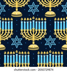 Happy Hanukkah pattern with menorah, traditional candelabra and candles seamless. Jewish Israeli symbol pattern for wallpapers, gift papers, Israel Independence Day, Easter, Hanukkah greeting cards.
