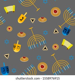 Happy Hanukkah pattern seamless with menorah, dreidels, donuts and jewish elements.
