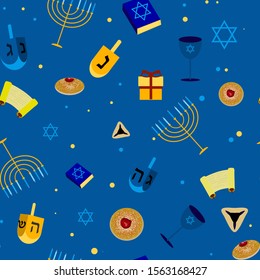 Happy Hanukkah pattern seamless with menorah, dreidels, donuts. Vector eps 10.