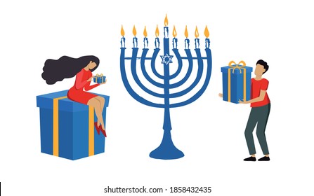 Happy Hanukkah, people with presents.