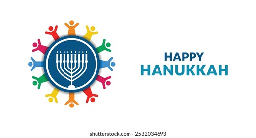 Happy Hanukkah. Peoples and candle. Great for cards, banners, posters, social media and more. White background. 