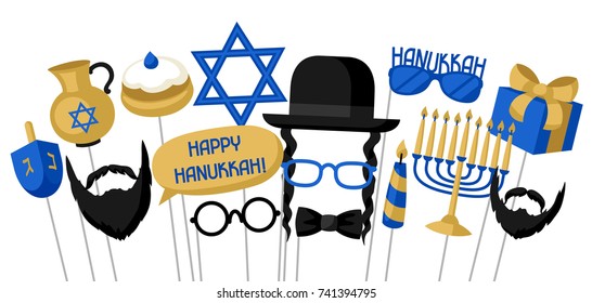 Happy Hanukkah photo booth props. Accessories for festival and party.