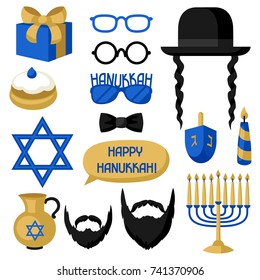 Happy Hanukkah photo booth stickers. Accessories for festival and party.