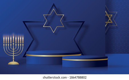 Happy Hanukkah podium round stage with nice and creative symbols and gold paper cut style on color background for Hanukkah Jewish holiday