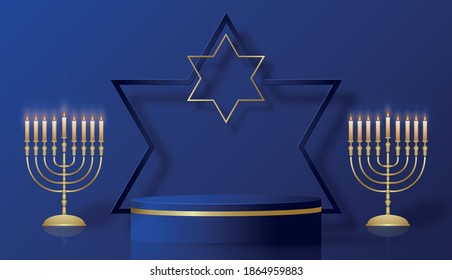 Happy Hanukkah podium round stage with nice and creative symbols and gold paper cut style on color background for Hanukkah Jewish holiday