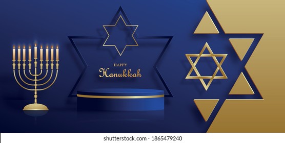 Happy Hanukkah podium round stage with nice and creative symbols and gold paper cut style on color background for Hanukkah Jewish holiday