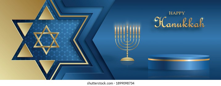 Happy Hanukkah podium round stage with nice and creative symbols and gold paper cut style on color background for Hanukkah Jewish holiday