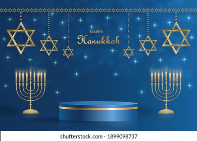 Happy Hanukkah podium round stage with nice and creative symbols and gold paper cut style on color background for Hanukkah Jewish holiday