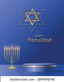 Happy Hanukkah podium round stage with nice and creative symbols and gold paper cut style on color background for Hanukkah Jewish holiday