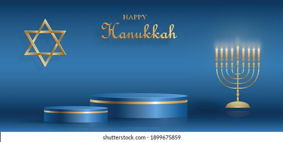 Happy Hanukkah podium round stage with nice and creative symbols and gold paper cut style on color background for Hanukkah Jewish holiday