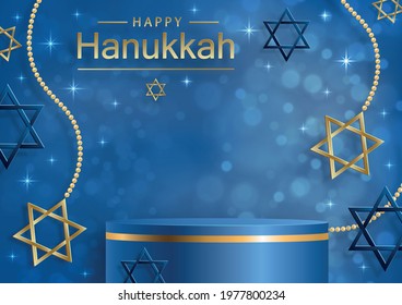 Happy Hanukkah podium round stage with nice and creative symbols and gold paper cut style on color background for Hanukkah Jewish holiday