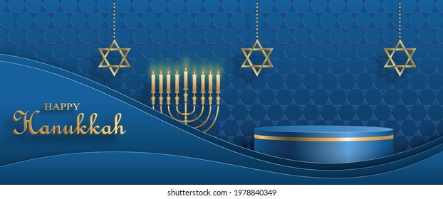 Happy Hanukkah podium round stage with nice and creative symbols and gold paper cut style on blue color background for Hanukkah Jewish holiday