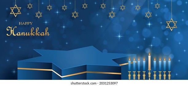Happy Hanukkah podium round stage with nice and creative symbols and gold paper cut style on color background for Hanukkah Jewish holiday