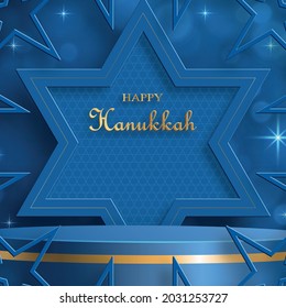 Happy Hanukkah podium round stage with nice and creative symbols and gold paper cut style on color background for Hanukkah Jewish holiday