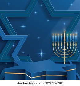 Happy Hanukkah podium round stage with nice and creative symbols and gold paper cut style on color background for Hanukkah Jewish holiday