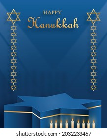 Happy Hanukkah podium round stage with nice and creative symbols and gold paper cut style on color background for Hanukkah Jewish holiday