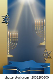 Happy Hanukkah podium round stage with nice and creative symbols and gold paper cut style on color background for Hanukkah Jewish holiday