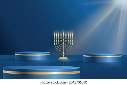 Happy Hanukkah podium round stage with nice and creative symbols and gold paper cut style on color background for Hanukkah Jewish holiday