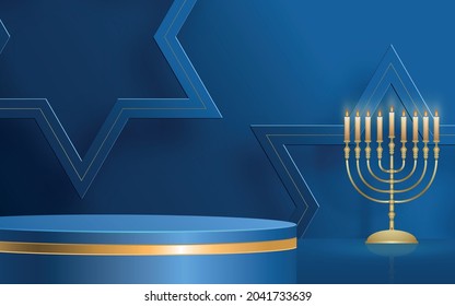 Happy Hanukkah podium round stage with nice and creative symbols and gold paper cut style on color background for Hanukkah Jewish holiday