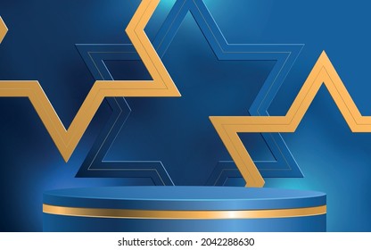 Happy Hanukkah podium round stage with nice and creative symbols and gold paper cut style on color background for Hanukkah Jewish holiday