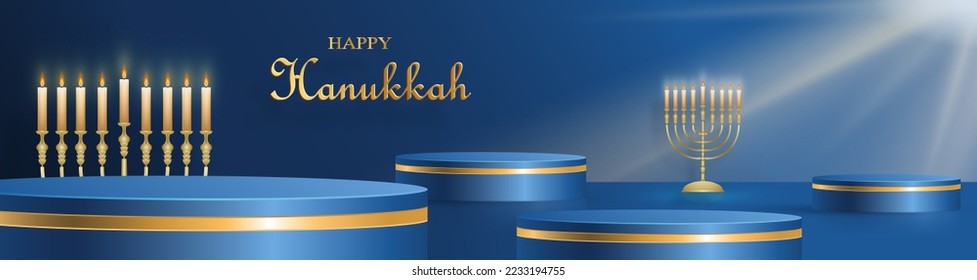 Happy Hanukkah podium round stage with nice and creative symbols and gold paper cut style on color background for Hanukkah Jewish holiday