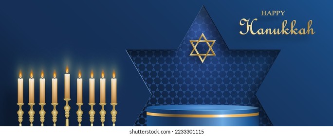 Happy Hanukkah podium round stage with nice and creative symbols and gold paper cut style on color background for Hanukkah Jewish holiday