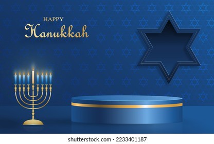 Happy Hanukkah podium round stage with nice and creative symbols and gold paper cut style on color background for Hanukkah Jewish holiday