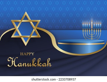 Happy Hanukkah podium round stage with nice and creative symbols and gold paper cut style on color background for Hanukkah Jewish holiday