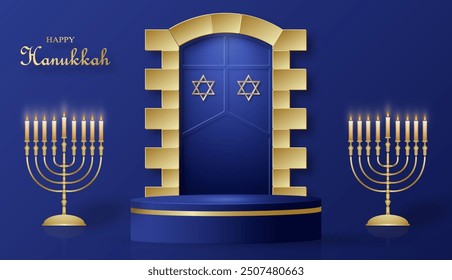 Happy Hanukkah podium round stage with nice and creative symbols and gold paper cut style on color background for Hanukkah Jewish holiday