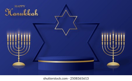 Happy Hanukkah podium round stage with nice and creative symbols and gold paper cut style on color background for Hanukkah Jewish holiday