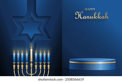 Happy Hanukkah podium round stage with nice and creative symbols and gold paper cut style on color background for Hanukkah Jewish holiday