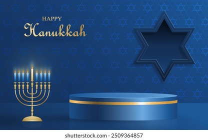 Happy Hanukkah podium round stage with nice and creative symbols and gold paper cut style on color background for Hanukkah Jewish holiday