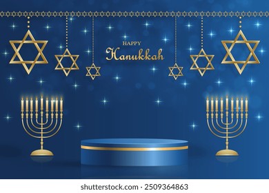 Happy Hanukkah podium round stage with nice and creative symbols and gold paper cut style on color background for Hanukkah Jewish holiday