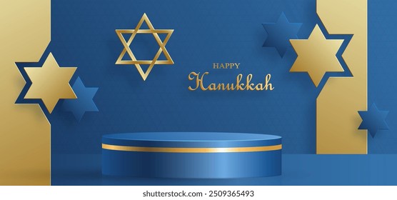 Happy Hanukkah podium round stage with nice and creative symbols and gold paper cut style on color background for Hanukkah Jewish holiday