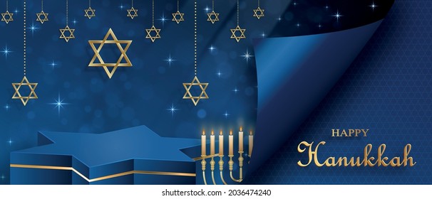 Happy Hanukka Podium-Star-Bühne mit schönen und kreativen Symbolen und goldenem Papierschnitt-Stil auf Farbhintergrund für hanukkah jüdischen Urlaub