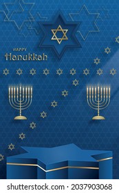 Happy Hanukkah podium star stage with nice and creative symbols and gold paper cut style on color background for Hanukkah Jewish holiday