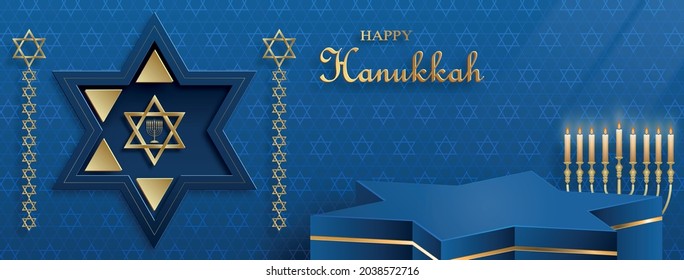 Feliz estadio de la estrella del podio Hanukkah con símbolos agradables y creativos y estilo de corte de papel dorado en el fondo de color para la festividad judía Hanukkah