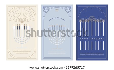 Happy Hanukkah postcard and banners. Composition of simple traditional jewish Menora s in minimalist style. Art Deco frames minimalist collection. Elegant luxury borders and frames.
