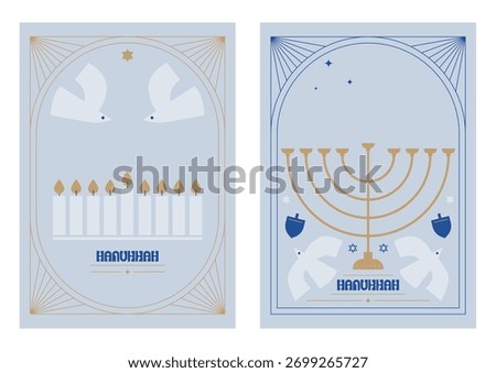 Happy Hanukkah postcard and banners. Composition of simple traditional Jewish Menorah s in minimalist style. Art Deco frames minimalist collection. Elegant luxury borders and frames.