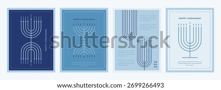 Happy Hanukkah postcard and banners. Composition of simple traditional jewish line icons in minimalist style. Cards with different Hanukkah Menorah