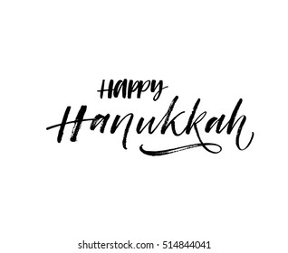 Happy Hanukkah postcard. Hand drawn holiday background. Ink illustration. Modern brush calligraphy. Isolated on white background. 