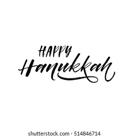 Happy Hanukkah postcard. Hand drawn holiday background. Ink illustration. Modern brush calligraphy. Isolated on white background. 