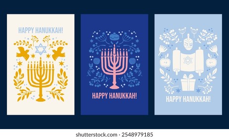 Happy Hanukkah postcards with cutout naive shapes in a modern, simple style, traditional Jewish symbols and attributes. Dreidel, menorah, dove, sufganiyah, olive branch. Vector poster illustration.