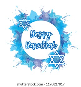  Happy Hanukkah poster with blue watercolor splash background. Jewish holiday. Vector illustration.