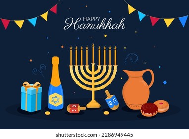 Happy Hanukkah poster. Candle, donuts and gift, bottle of wine. Traditional Israeli holiday and jewish festival. Design element for invitation and greeting card. Cartoon flat vector illustration