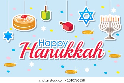 Happy Hanukkah poster design with desserts and ornaments illustration