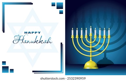 Happy Hanukkah poster with gold chandelier in the dark