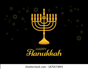 Happy Hanukkah Poster with golden menorah vector illustration. Golden menorah with star of david vector. Beautiful jewish candlestick with burning candles icon. Jewish holiday Hanukkah. Important day