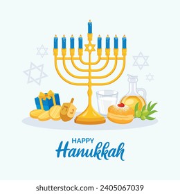 Happy Hanukkah poster with golden menorah, donut and dreidel vector illustration. Hanukkah menorah, donut sufganiyah, dreidel, olive oil, milk, coin, gift icon set. Jewish festival of lights greeting