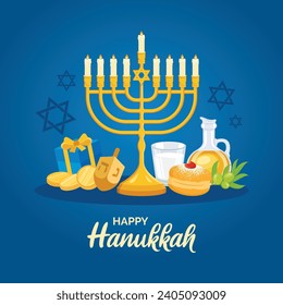 Afiche feliz de Hanukkah con menorah dorada, donut y dreidel vector ilustración. Hanukkah menorah, doughnut sufganiyah, dreidel, aceite de oliva, leche, moneda, conjunto de iconos de regalo. Tarjeta del festival judío de luces